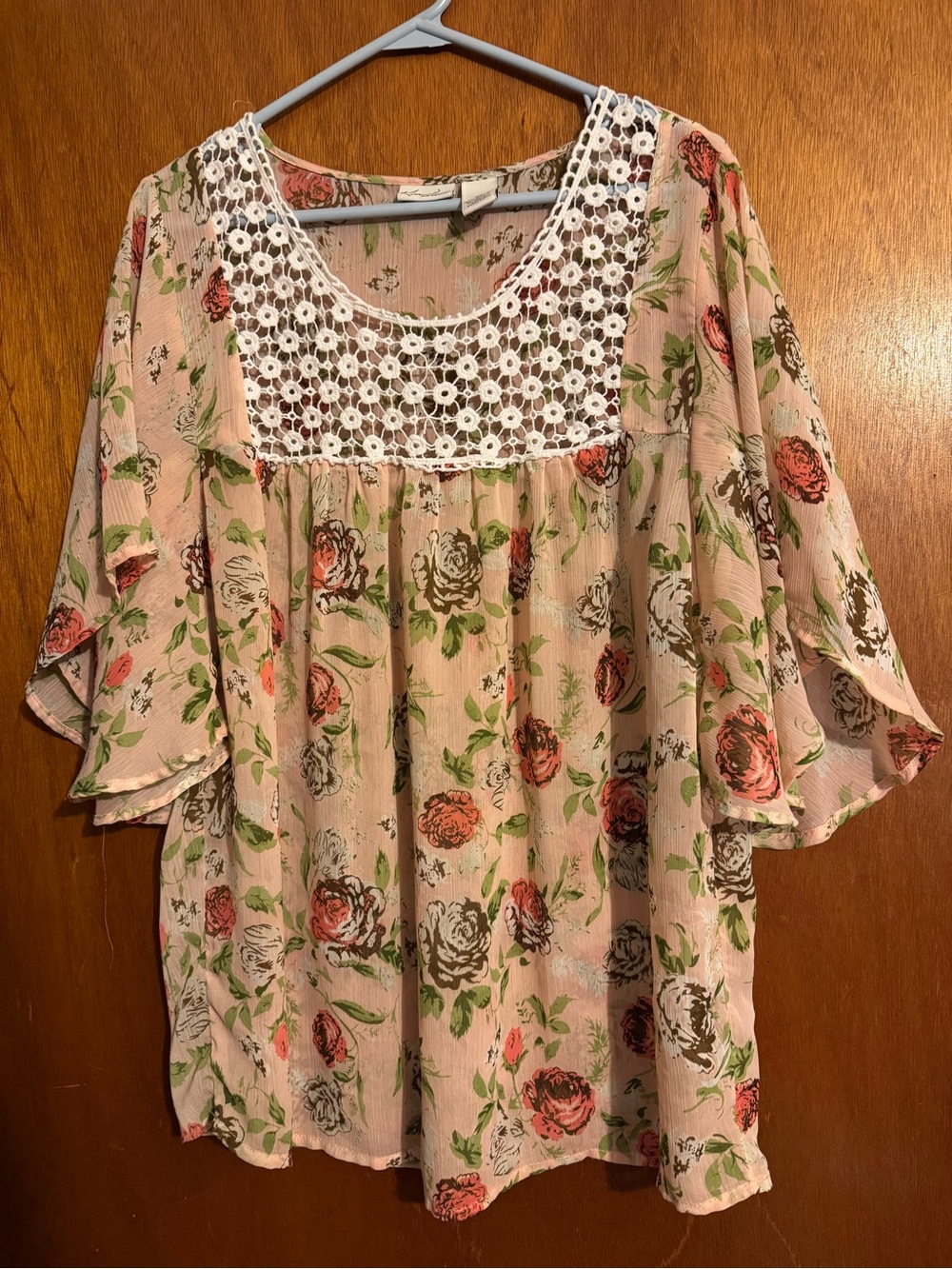 Kim Rogers Pink Floral Crochet Yoke Tunic